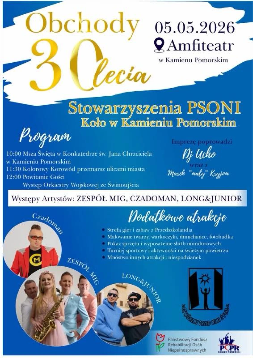 Obchody 30-lecia Stowarzyszenia PSONI w Kamieniu Pomorskim 2026 – MIG, Czadoman i Long&Junior w amfiteatrze