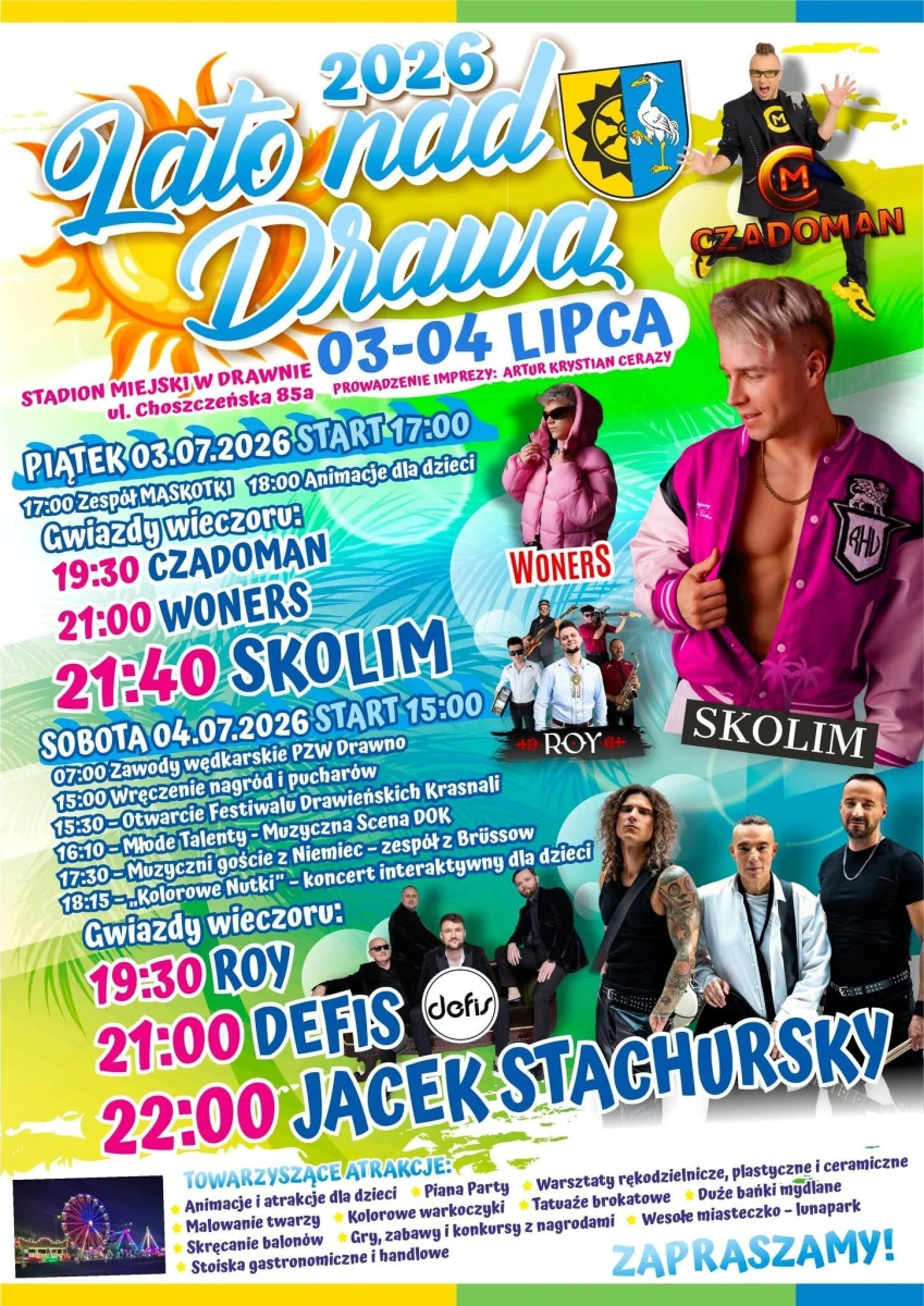 Lato nad Drawą 2026 w Drawnie: Skolim, Czadoman, Defis i Stachursky na stadionie
